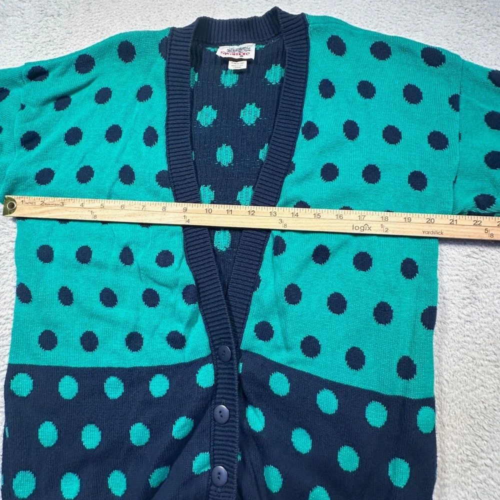 Vintage Sycamore Polka Dot Cotton Cardigan Sweater Green Navy Blue L Made in USA